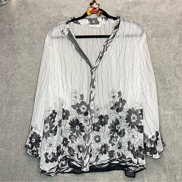 dressbarn Tops - Dressbarn 18 20 1X Top Shirt White Floral Button Up V Neck 3/4 Sleeve Sheer